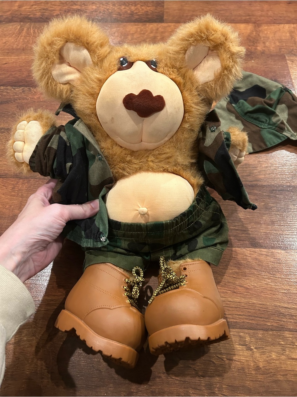 Vintage 1980s Furskins Plush Bear Doll Livingston Camoflauge Army Uniform Boots